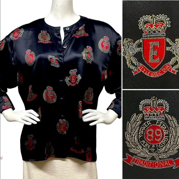 ESCADA Margaretha Ley Vintage 80s Button Up Silk Blouse Medals Crest 40 10 OVRSZ - Picture 2 of 14